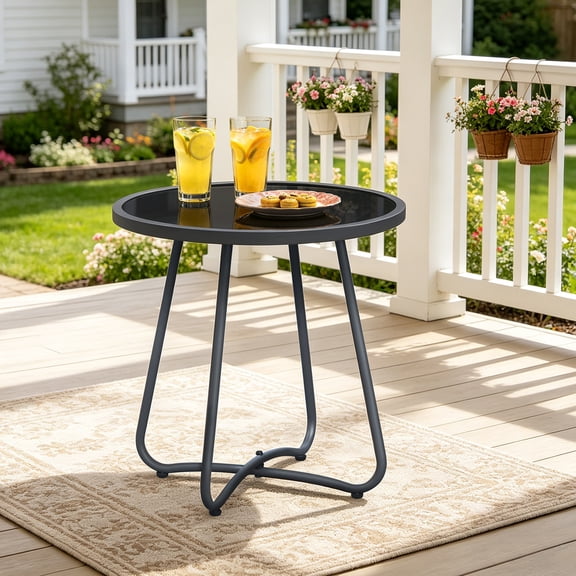 Umi Patio Outdoor Side Table, 17.3" Round Glass Top Patio End Table, 17.7" Height with Metal Frame for Backyard, Deck, Balcony