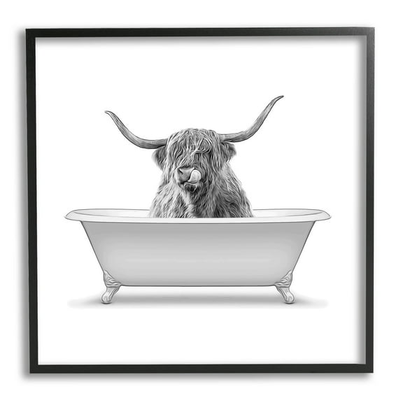 Stupell Industries Longhorn Highland Cow Bath Tub Graphic Art Black Framed Art Print Wall Art, Design by Annalisa Latella