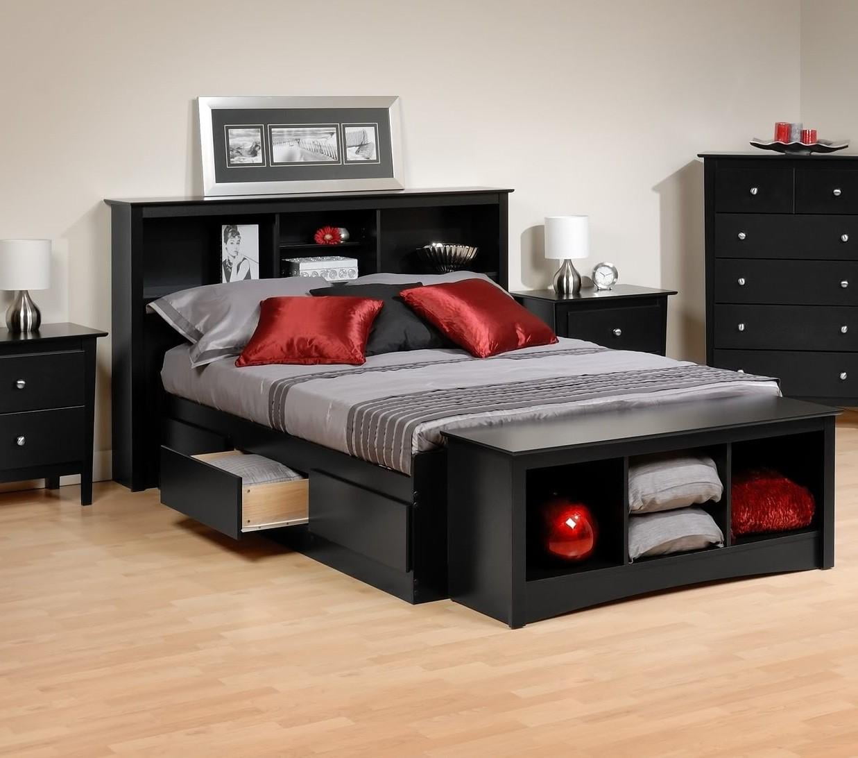 Platform Storage Bed w/ Bookcase HeadboardBed SizeFull,ColorBlack