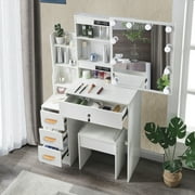 Yamissi Makeup Vanity Set w/ Lighted Mirror, Vanity Desk Table with 4 Drawers & Charging Station, White
