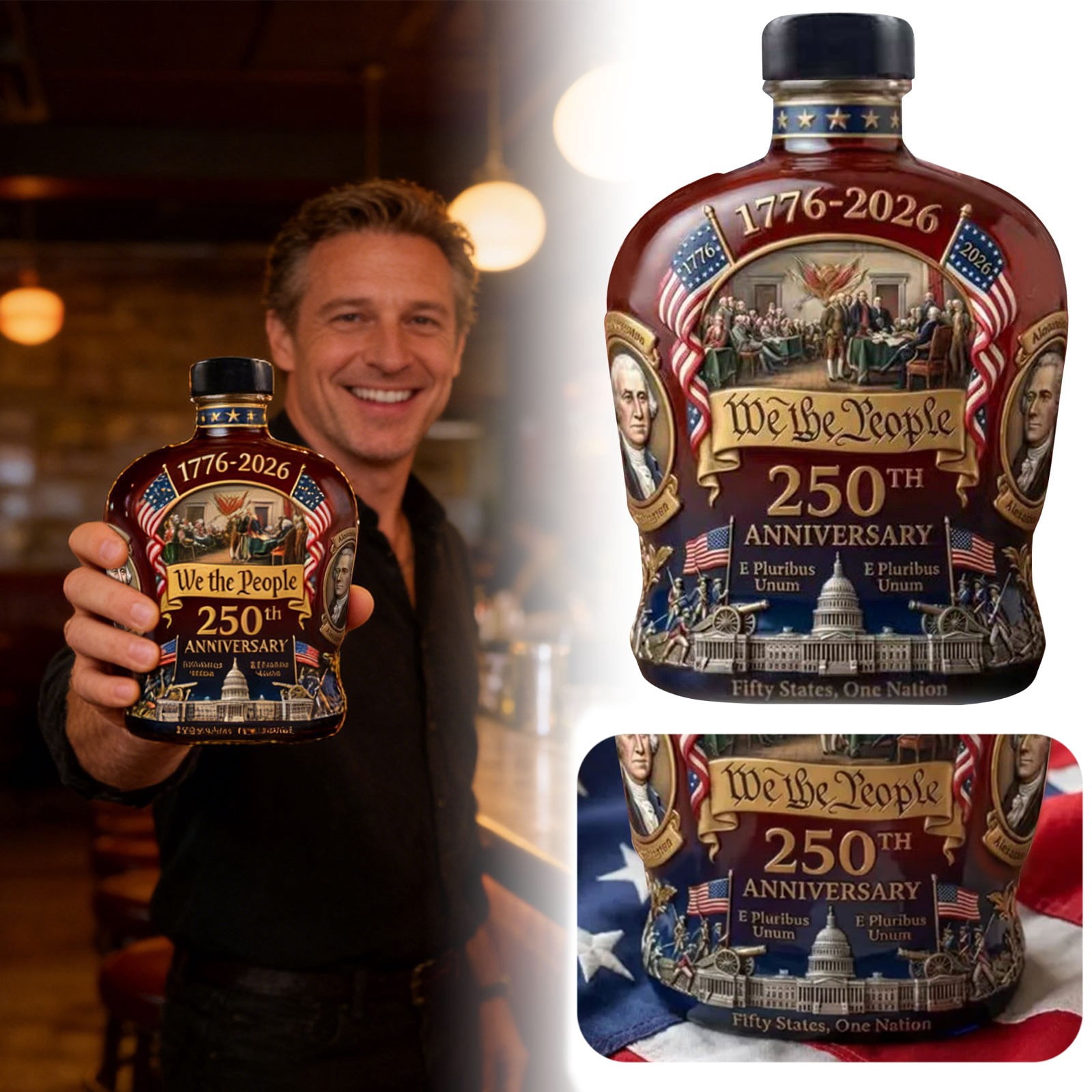 U.S. 250th Anniversary Commemorative Whiskey Bottle, America 250 Anniversary Heritage Whiskey Glass, Perfect for Father’s Day & Liquor Collectors