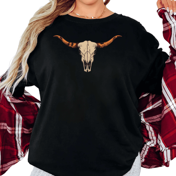 UNISHE Women's Vintage Sketch Longhorn Cow Skull Western Desert Graphic Short Sleeve T-shirt Relaxed Fit