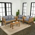 thumbnail image 2 of Thom 4-Piece Mid-Century Modern Acacia Wood Outdoor Patio Set with Cushions and Plaid Decorative Pillows, Gray/Teak Brown, 2 of 6