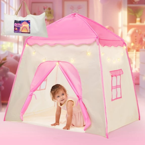Joyfy Pink Play Tent for Girls Large Playhouse with Star Light Kids Castle Tent for Indoor and Outdoor Games