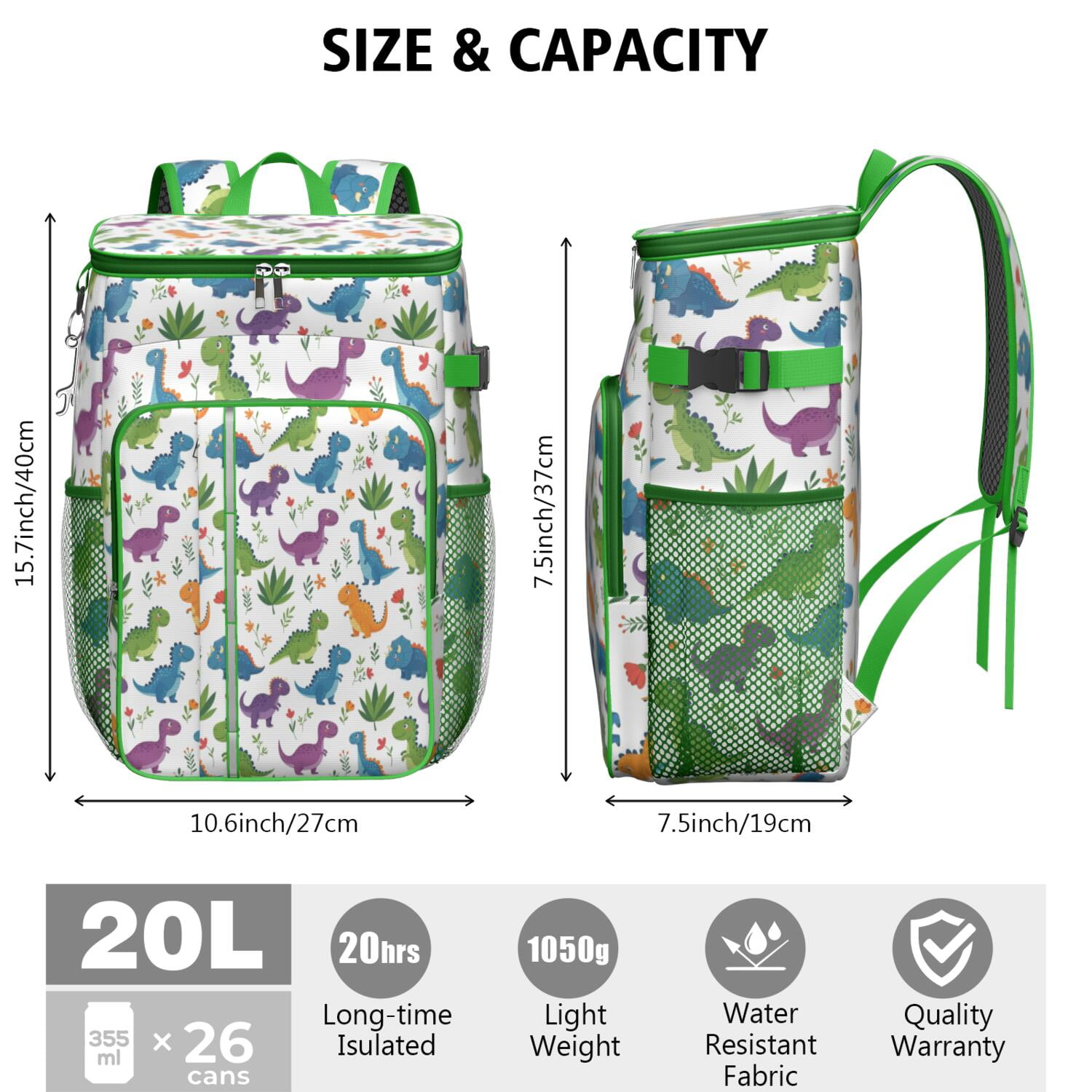 Travel Cooler Bag - White Floral Dinosaurs Pattern Camping Beer Cooler Backpack with Bottle Opener- Waterproof Insulated Picnic Backpacks - Cooler Bag for Beach