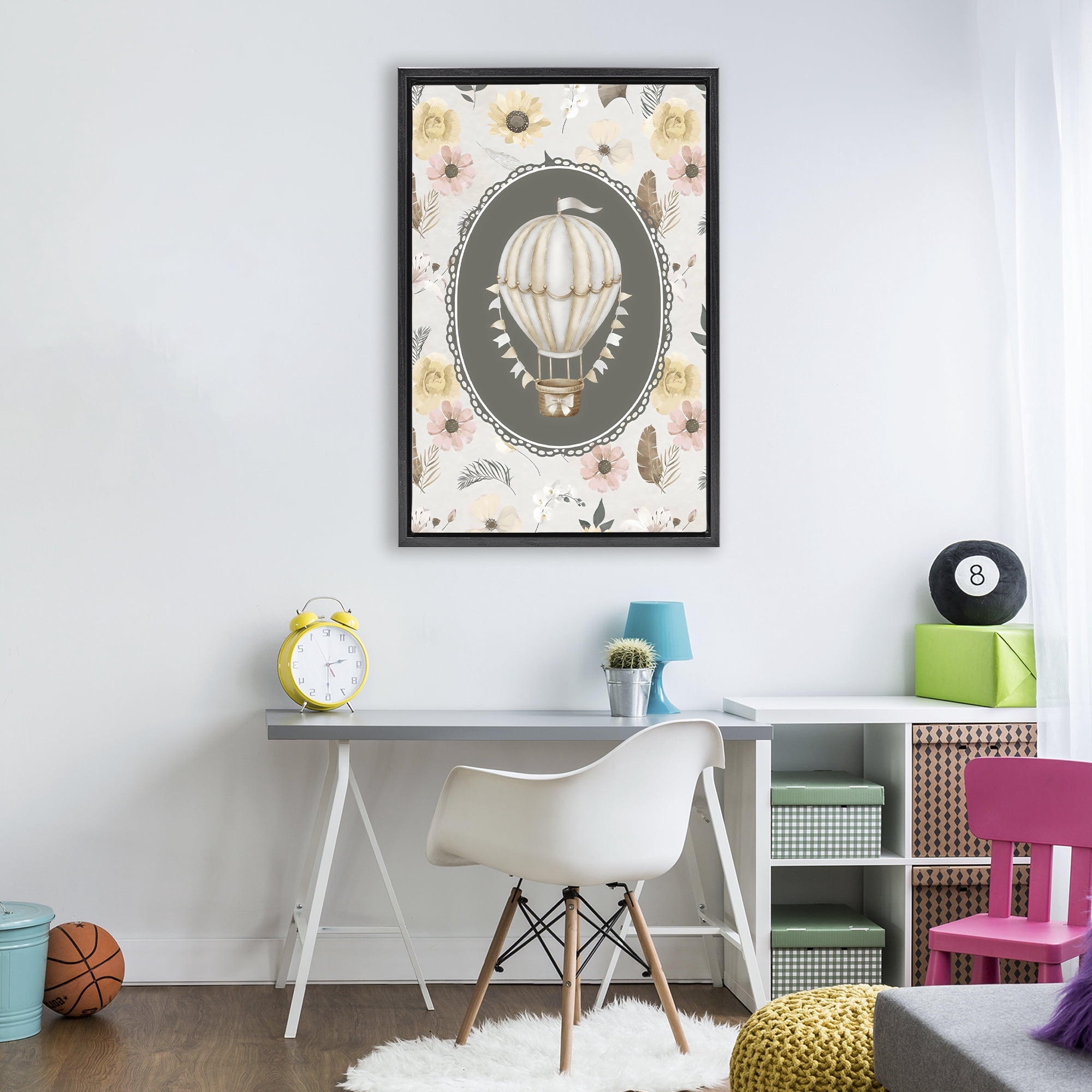 Stupell Industries Sunnyside Balloon over Florals Black Framed Floater Canvas Wall Art, design by Ink Drop Loft