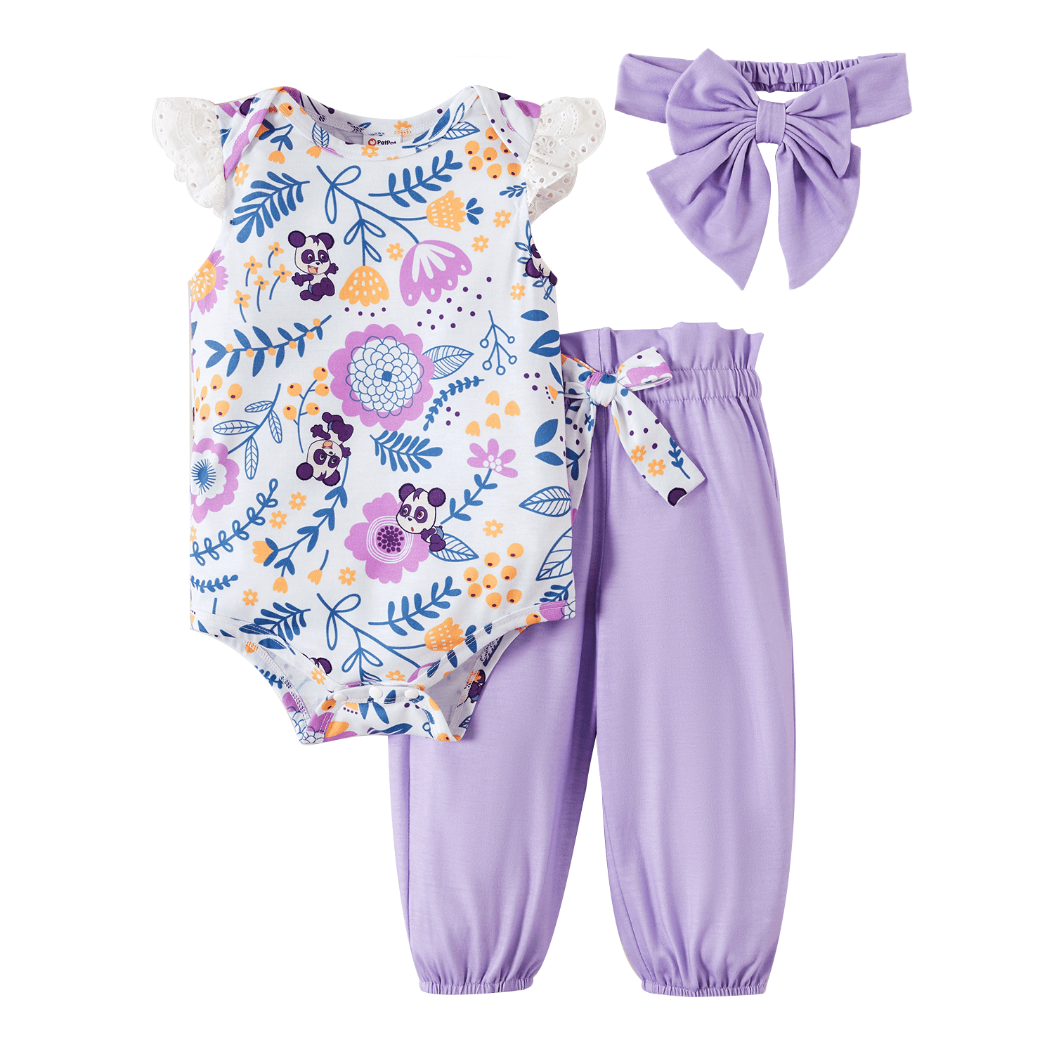 Patpat Baby Girl 2-piece Floral Romper and Flounced Pants Sets With Headband