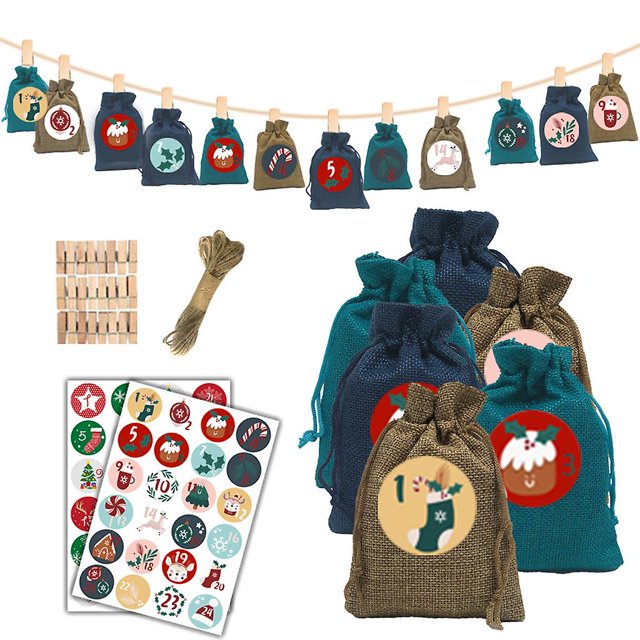 Calendario de Adviento de Navidad, 24 días, arpillera, dulces, regalo, bolsas con cordón, sacos, decoraciones de cuenta regresiva de Navidad Diy