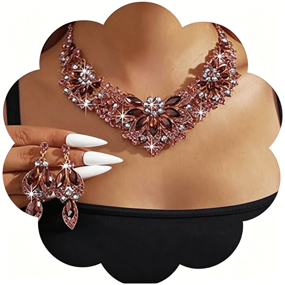 DESIGNICE Vintage Crystal Rhinestone Statement Choker Bib Statement Necklace Earring Set Sparkly Chunky Cluster Leaf Flower Necklace Dangle Earrings Set Party Prom Bar Costume Jewelry Sets