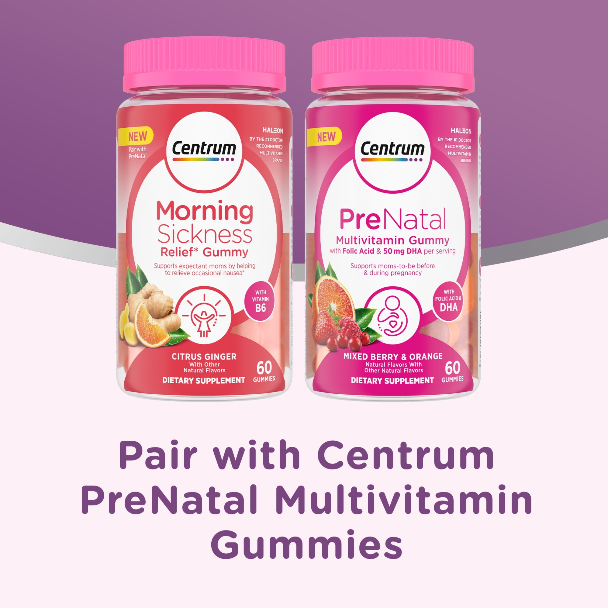 Centrum Prenatal Vitamin Gummies for Morning Sickness Relief, Citrus Ginger Flavor, 60 Count