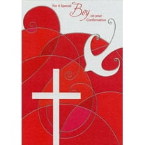 Designer Greetings Silver Foil Swirls on Red with White Dove and Cross Confirmation Card for Boy