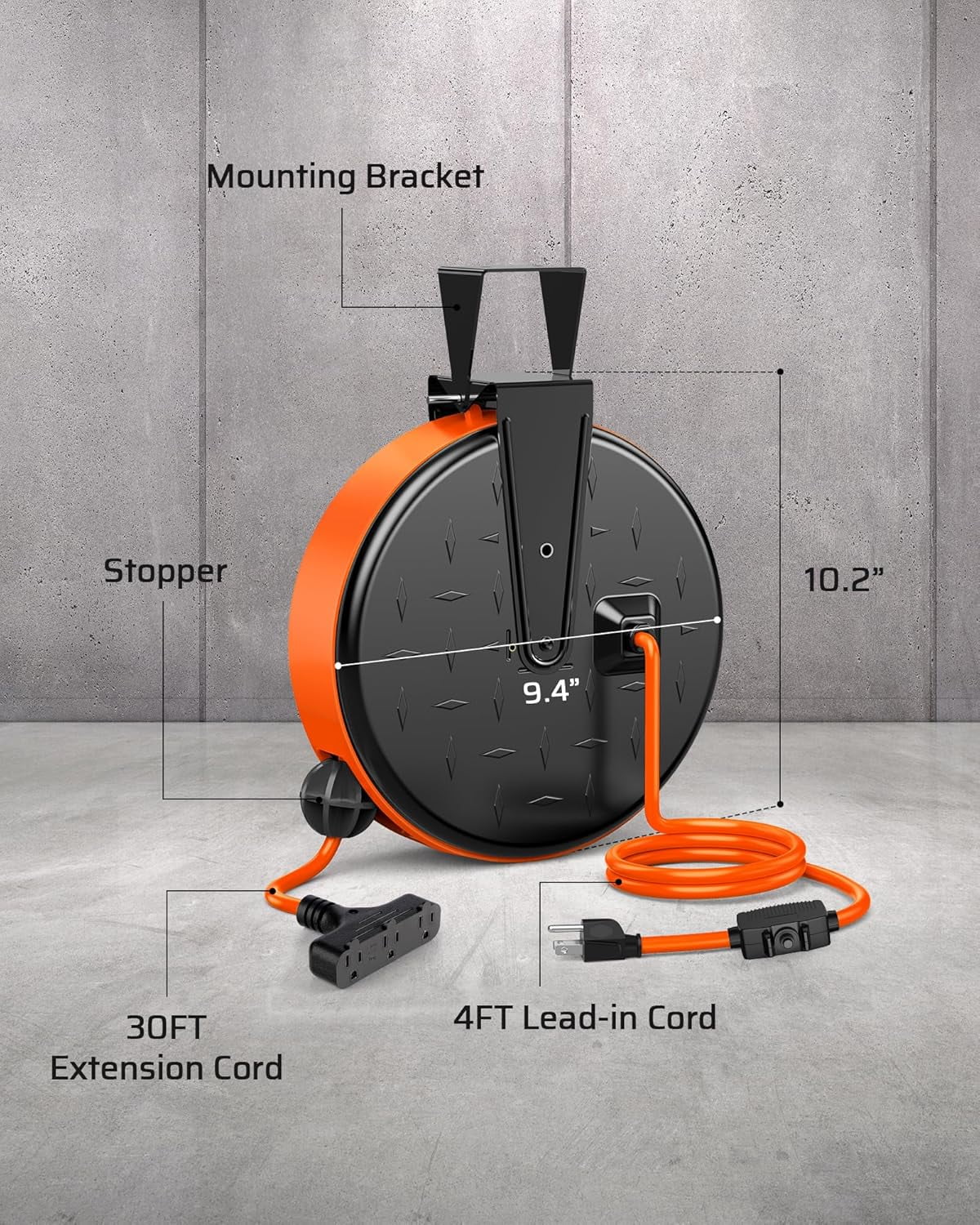 30FT Extension Cord Reel, 16/3 Gauge SJTW Power Cord, Retractable Cord Reel with 3 Outlets, Ceiling/Wall Mount for Garage, Workshop, 10A Circuit Breaker, Metal Plate, UL Listed, Orange