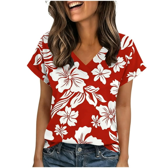 Nmnitkp Womens Tops Flowers V Neck Shirt for Women Boho Floral Wildflowers Graphic Tee Casual Cottagecore Summer T Shirt Red,L