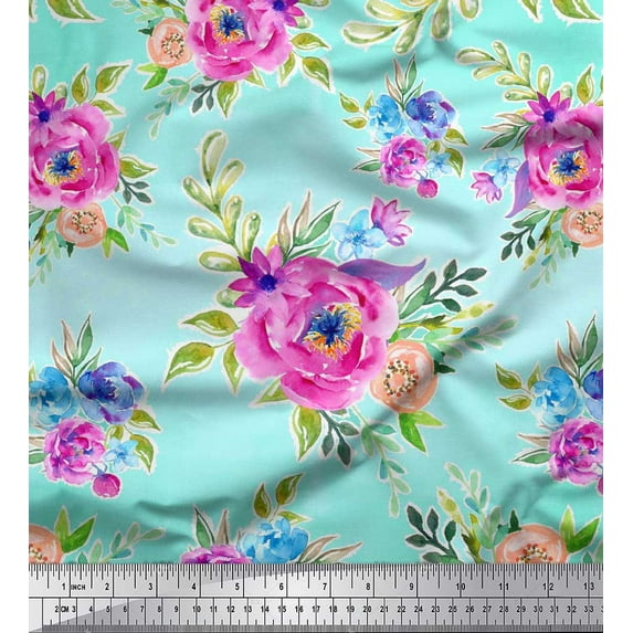 Soimoi Green Georgette Viscose Fabric Leaves & Pink Floral Watercolor Print Sewing Fabric BTY 42 Inch Wide