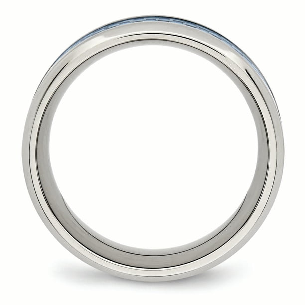 Stainless Steel Polished Blue Carbon Fiber Inlay Ring 11 Size