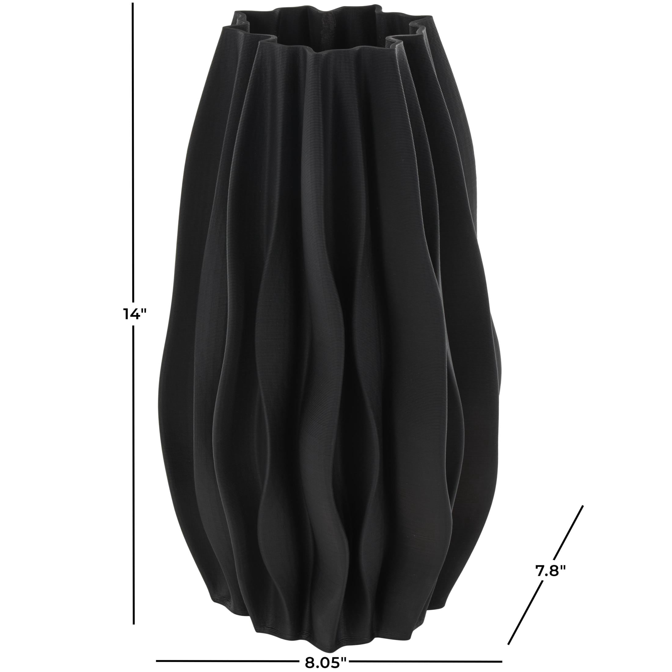 DecMode 14" Abstract Dimensional Wavy Ribbed Black Ceramic Vase with Floral Shaped Rim