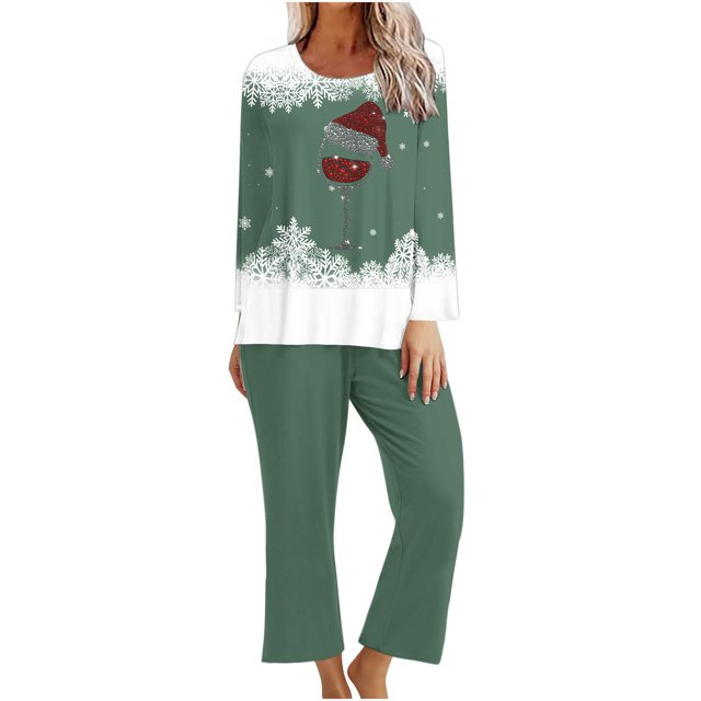 Pisexur Pyjamas de Noël pour Femmes Ensemble Deux Pièces Tendance Vacances Imprimé Verre de Vin Rouge Pjs Décontractés Manches Longues Col Rond Hauts Pantalons de Pyjama Vêtements de Nuit