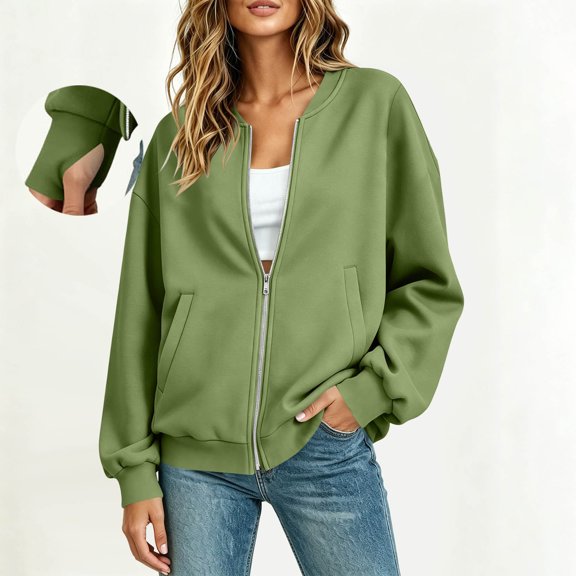 IUYRTFE Women V Neck Zip Up Jacket with Thumbhole Cuffs Casual Lightweight Bomber Coat