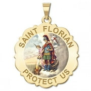 Saint Florian Scalloped Religious Medal Color - 3/4 inch Size of a Nickel -Solid 14K Yellow Gold