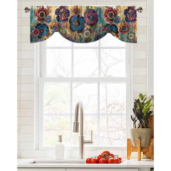 Tie Up Valance Curtain for Kitchen, Retro Watercolor Ethnic Flower Rod Pocket Short Curtains Adjustable Tie-Up Shade Valances, Blue Purple Floral Window Treatment for Bathroom Living Room Bedroom