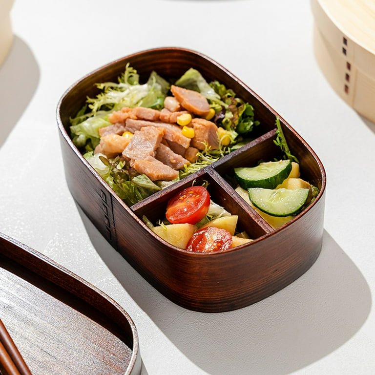 Wooden Simple Log Bento Box 3 Compartments With Chopsticks Fixed Strap  Partition Detachable Multi-purpose Household Items