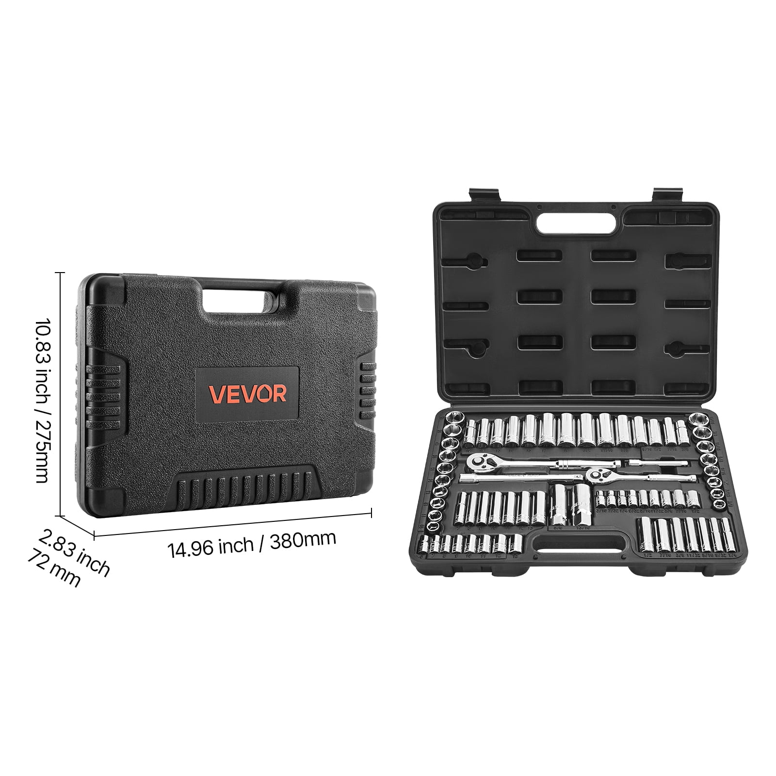 VEVOR Socket Set, 69 Pieces, 3/8 & 1/4 inch Drive Socket and Ratchet Set, SAE and Metric, Deep and Standard, Mechanic Tool Kit with Accessories and Storage Case, CR-V Alloy Steel, for Auto Repair