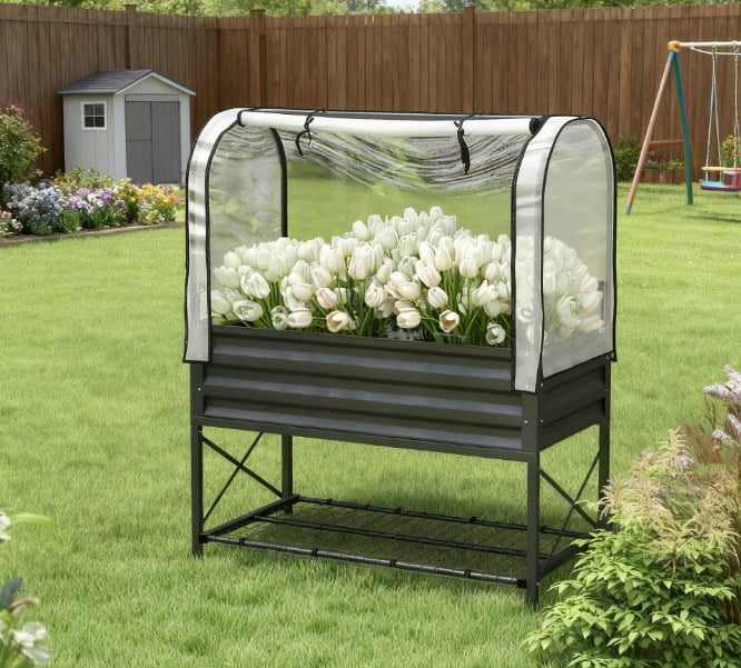 Elevated Planter Box, Metal Raised Garden Bed with Legs and Cover, with Bottom Shelf and Liner for Vegetables