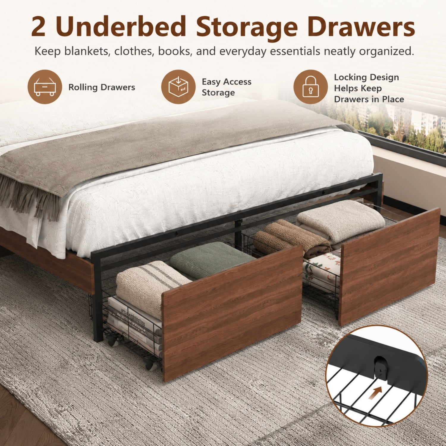 Miniyam Full Farmhouse Bed with Storage Headboard, LED Lights and Charging Station, Platform Bed Frame with 2 Drawers, Brown