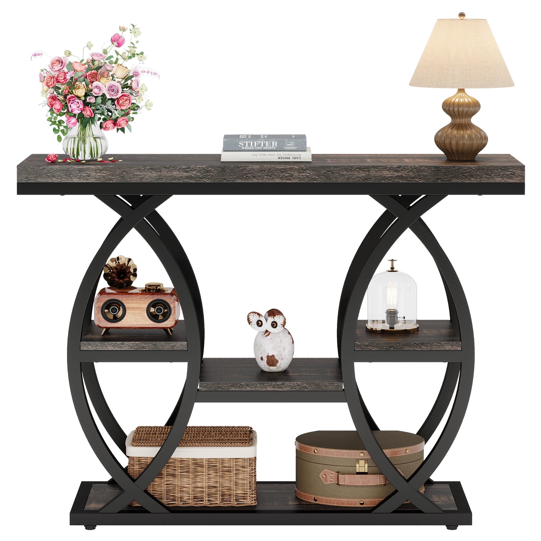Fnova 39.4" Industrial Console Table, 4-Tier Retro Staggered Storage Shelves, Narrow Wood Accent Table with Metal Frame, for Small Spaces, Entryway, Sofa, Hallway
