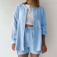 thumbnail image 2 of Idoravan Womens Sets 2 Piece Outfits Women's Summer Two Piece Neck Long Sleeve Button up Shirts with Pocket High Waist Drawstring Large Shorts Casual Set, 2 of 5