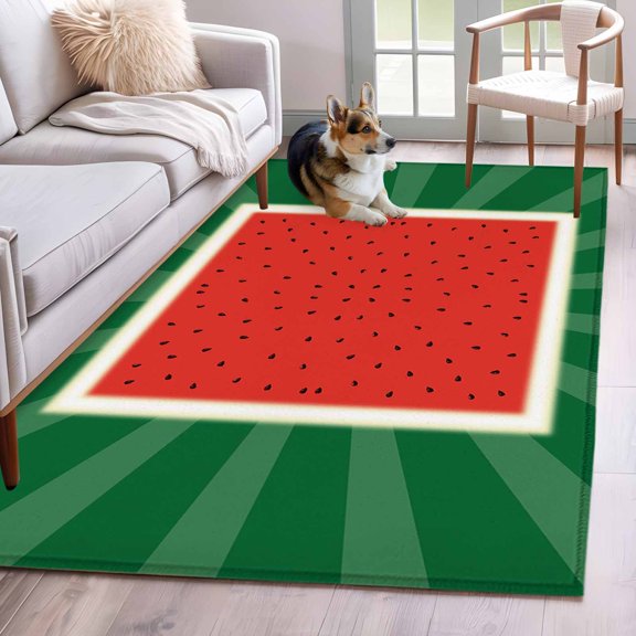 Watermelon Area Rug 3x5 FT, Non Slip Entryway Bedside Carpet, Red Summer Fruits Watercolor Green Striped Washable Soft Floor Carpet Indoor Mat Non-Shedding Throw Rugs for Dorm Kitchen Home Office