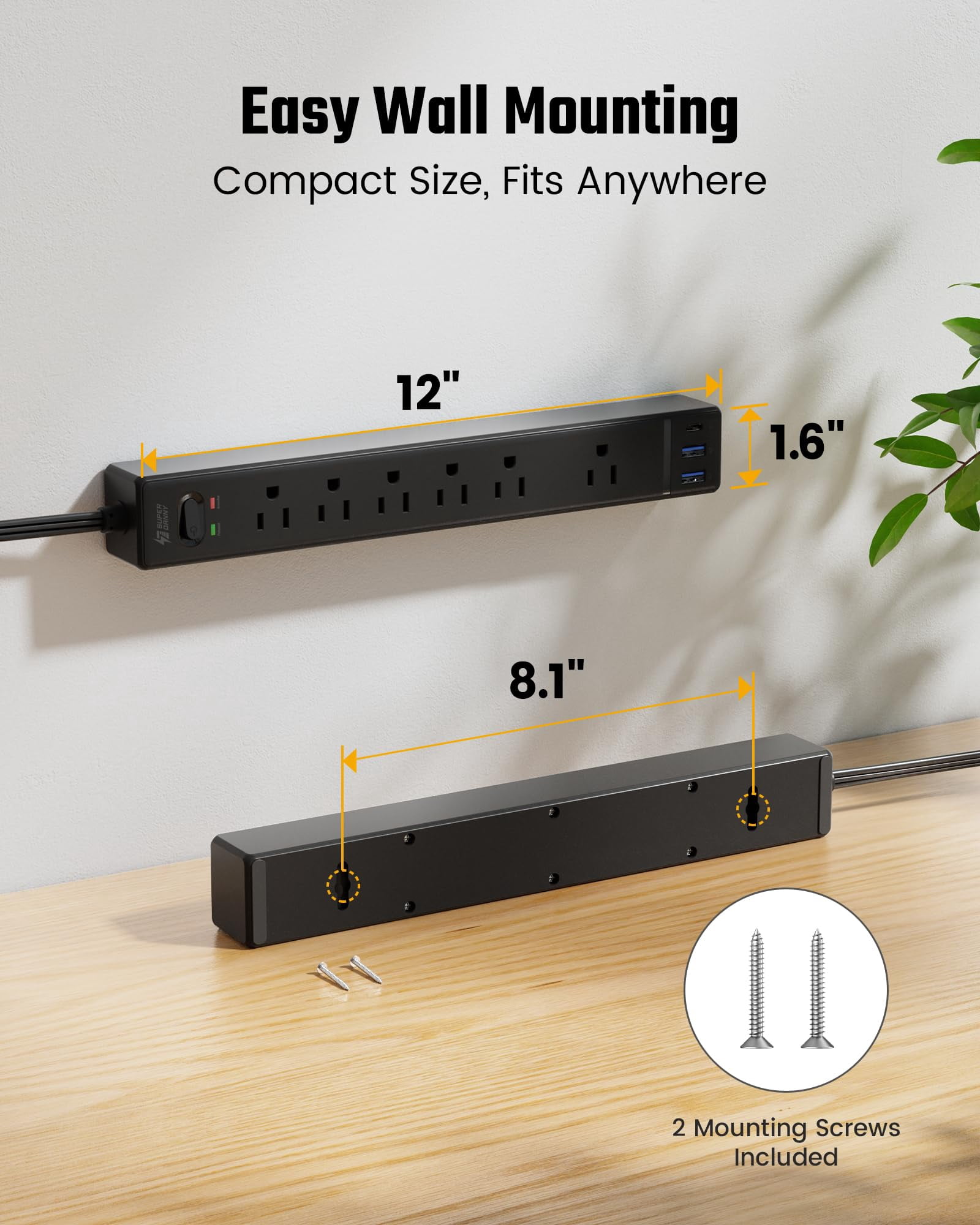 10ft Extension Cord With Multiple Outlets  Flat Plug Surge Protector Power Strip 3 Usb Ports & 6 10 Ft Long Black Charging Station For Home Office Dorm Room
