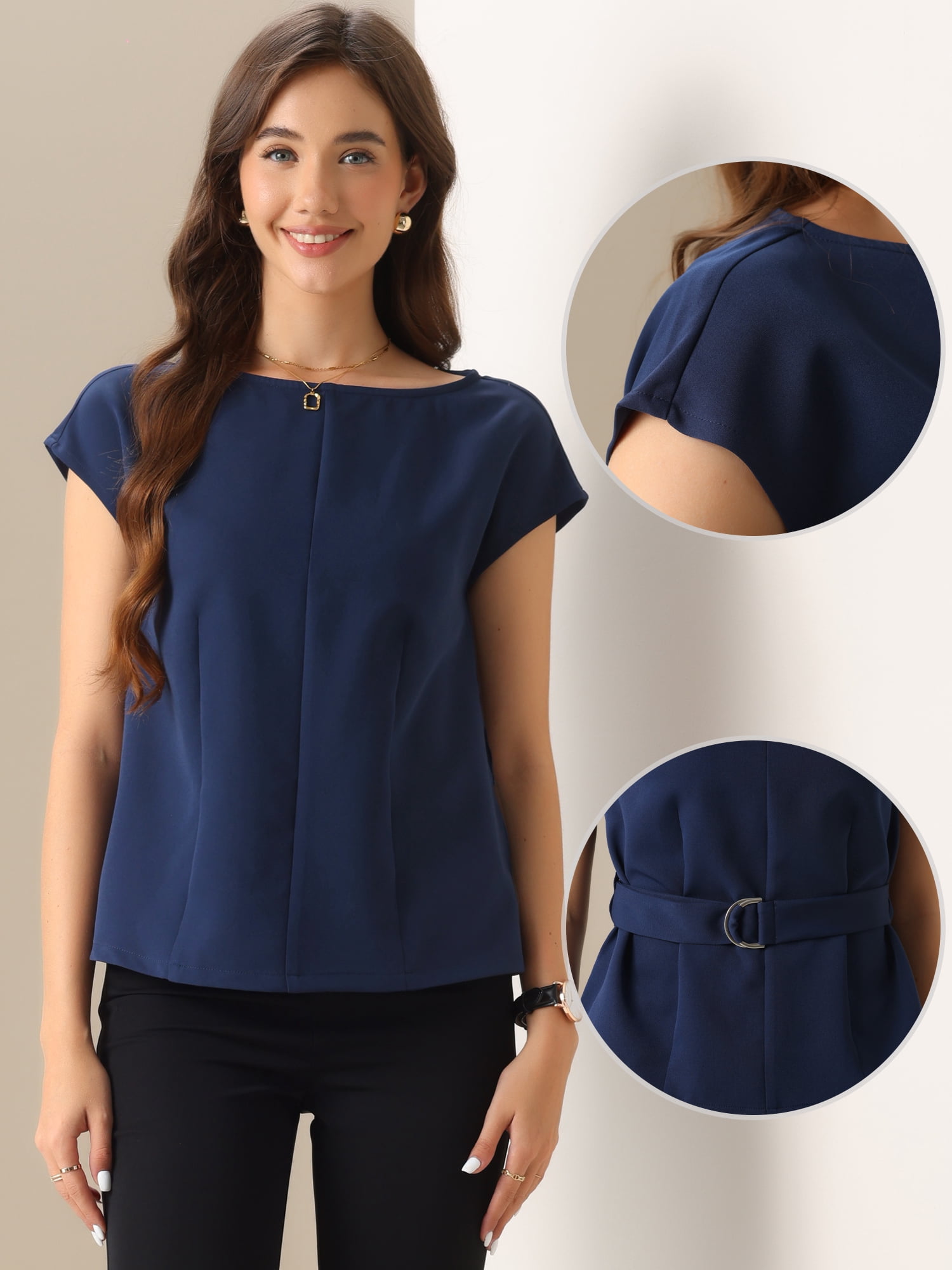 DARING DIVA Women's Cap Sleeve Top Boat Neck Belted Peplum Tops S Dark Blue