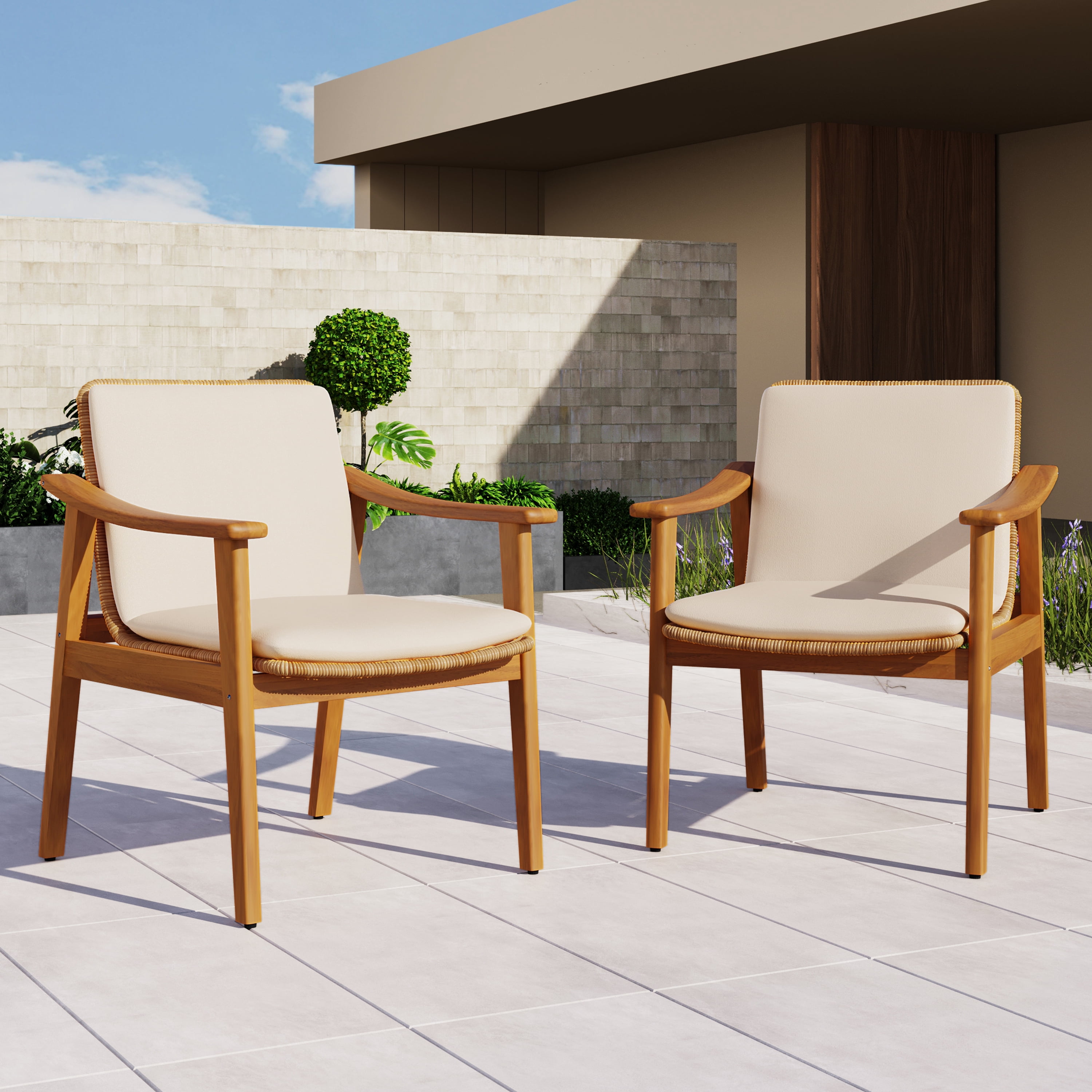 Outdoor Dining Chairs Set of 2, Teak Color Acacia Wood Frame Brown PE Wicker Beige Waterproof Cushion, Teak