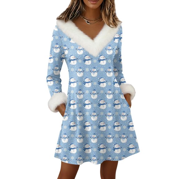 Yucgh Women's Long Sleeve Pullover Knit Dress with Pockets, V-Neck Knee Length Casual Winter Dress, Christmas Holiday Tunic Dress，S