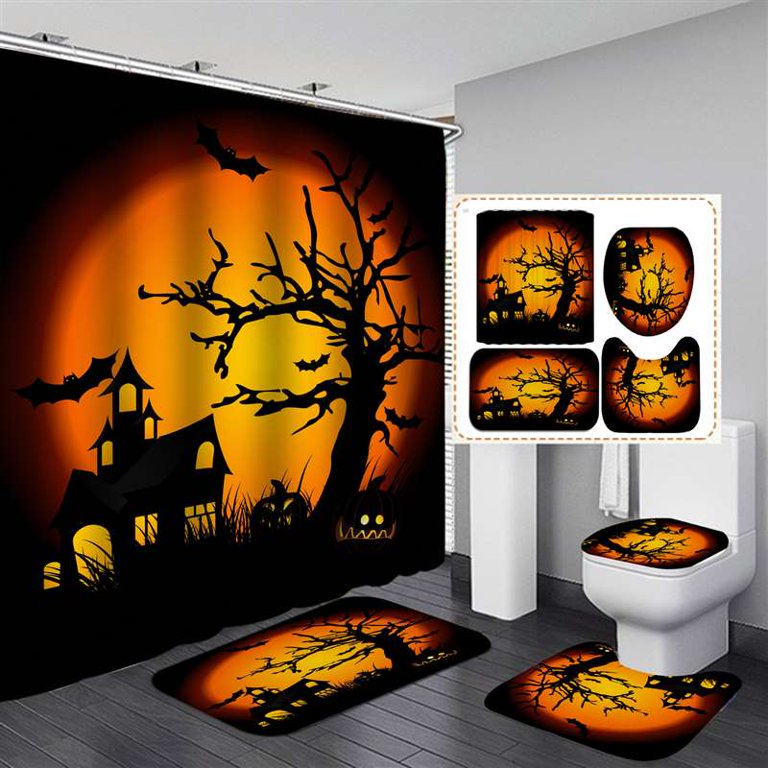  4PC Halloween Shower Curtain Set for Bathroom with Non