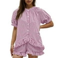 thumbnail image 2 of adviicd Womens 2 Piece Ruffle Pajama Set Gingham Pjs Short Sleeve Babydoll Shirt and Shorts Plaid Sleepwear Outfits (Purple, L), 2 of 8