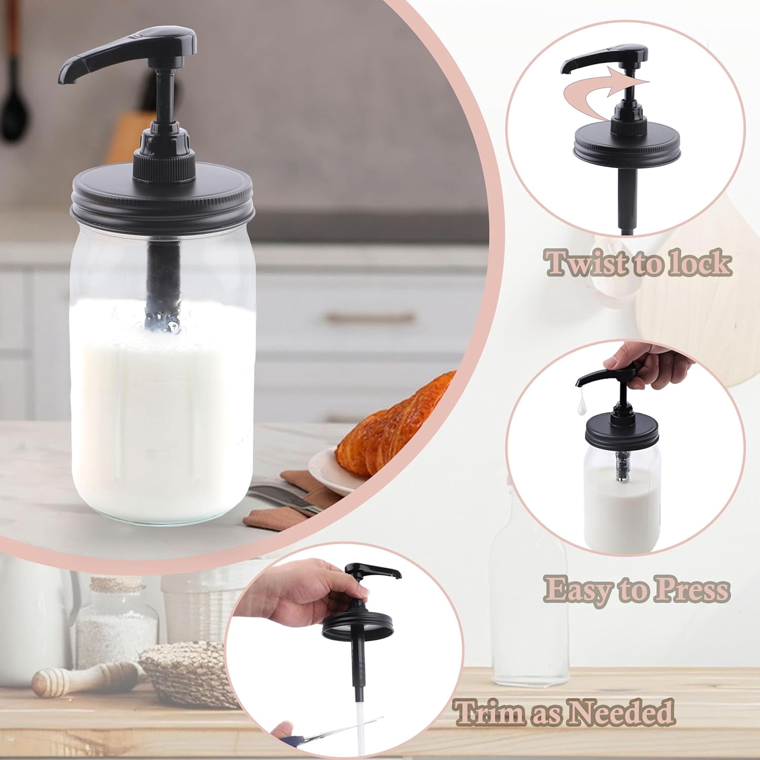 Mason Jar Syrup Dispenser Pump Lids Mason Jar Pump Lid Wide Mouth Airtight & Leak-Proof Coffee Bar Syrup Dispenser Pump Food Grade Honey Sauce Pump for Wide Mouth Mason Jar 4 Packs (Jar Not Included)