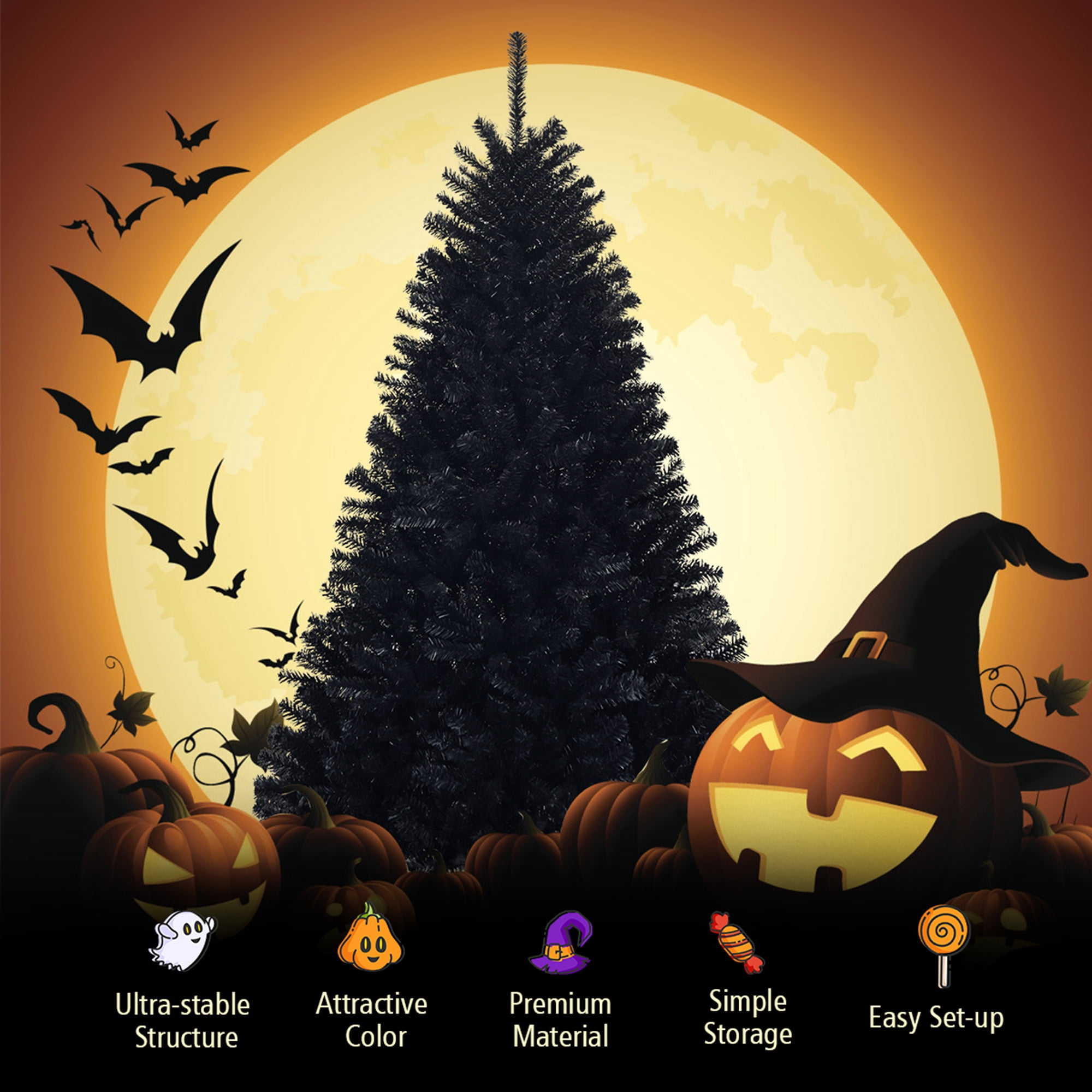 Gymax 6FT Artificial Halloween Christmas Tree Hinged Pine Tree Holiday Decoration Black