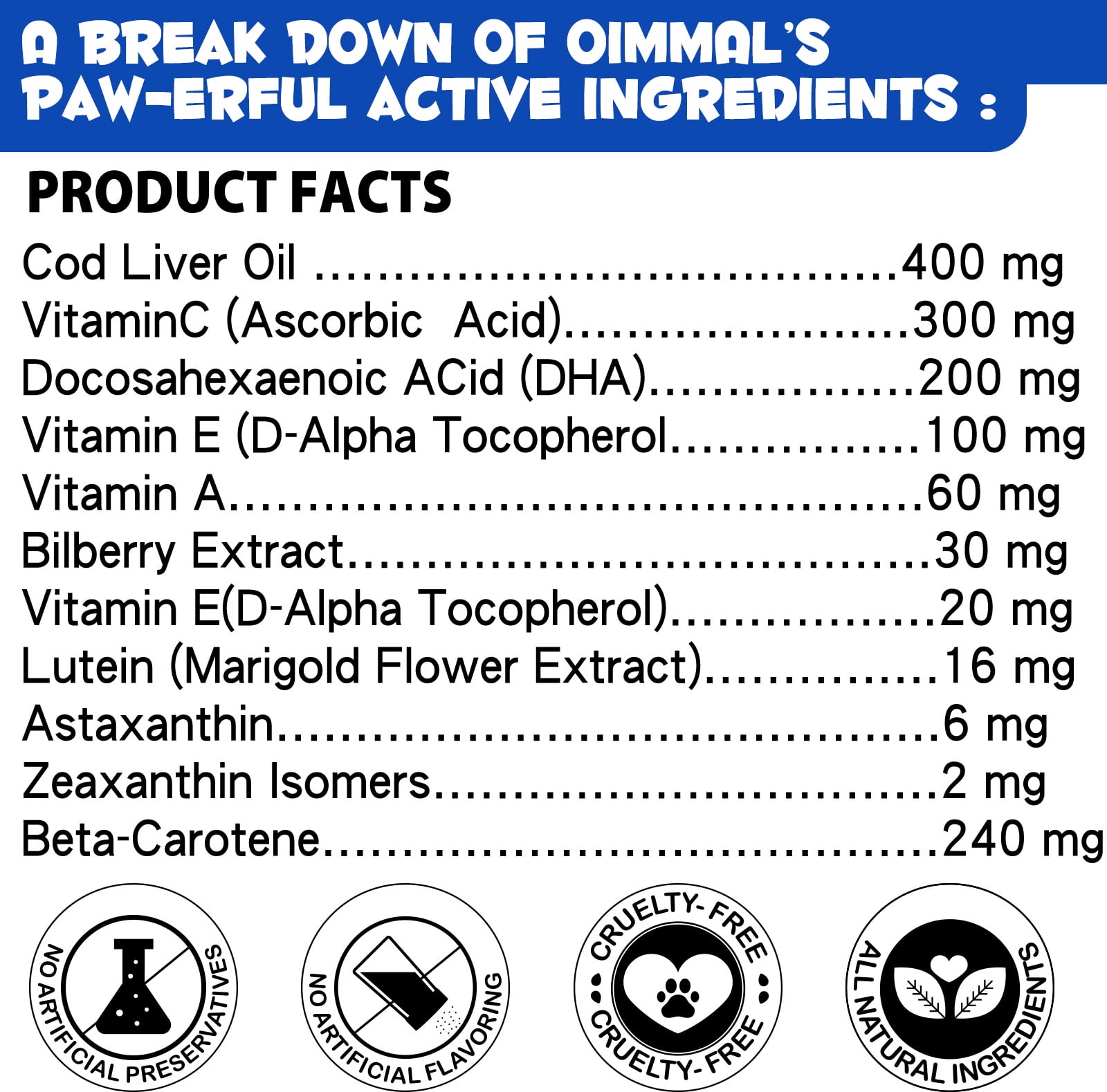 Oimmal Vision Supplement for Dogs, Tear Stain Support with Omega-3 Fatty Acids, Lutein, Bilberry Extract - Dog Vision & Immune Support Supplement - Beef Flavor 300 Chews