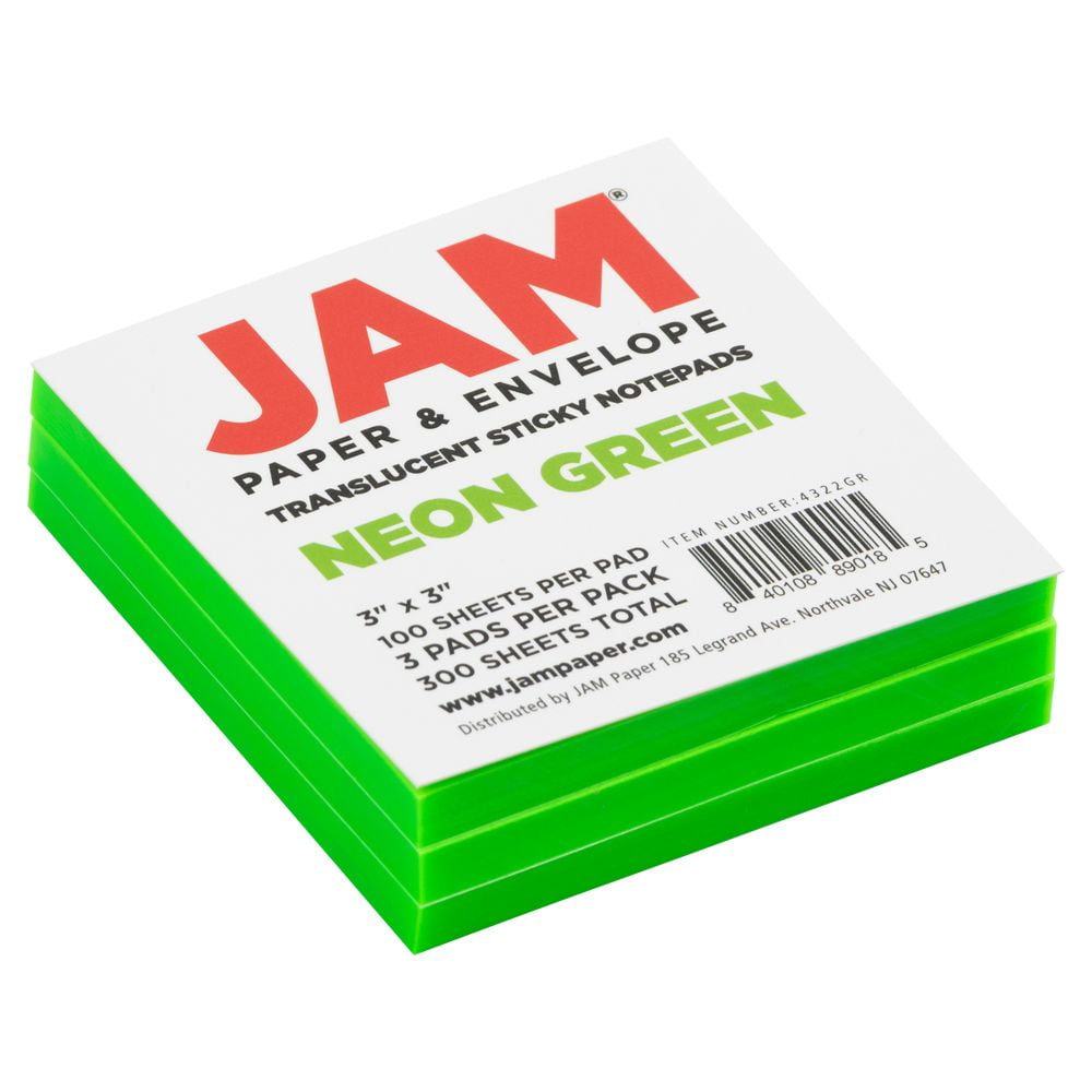 JAM Paper Transparent Sticky Note Pad, Green, 3 x 3, 300 Sheets/Pack