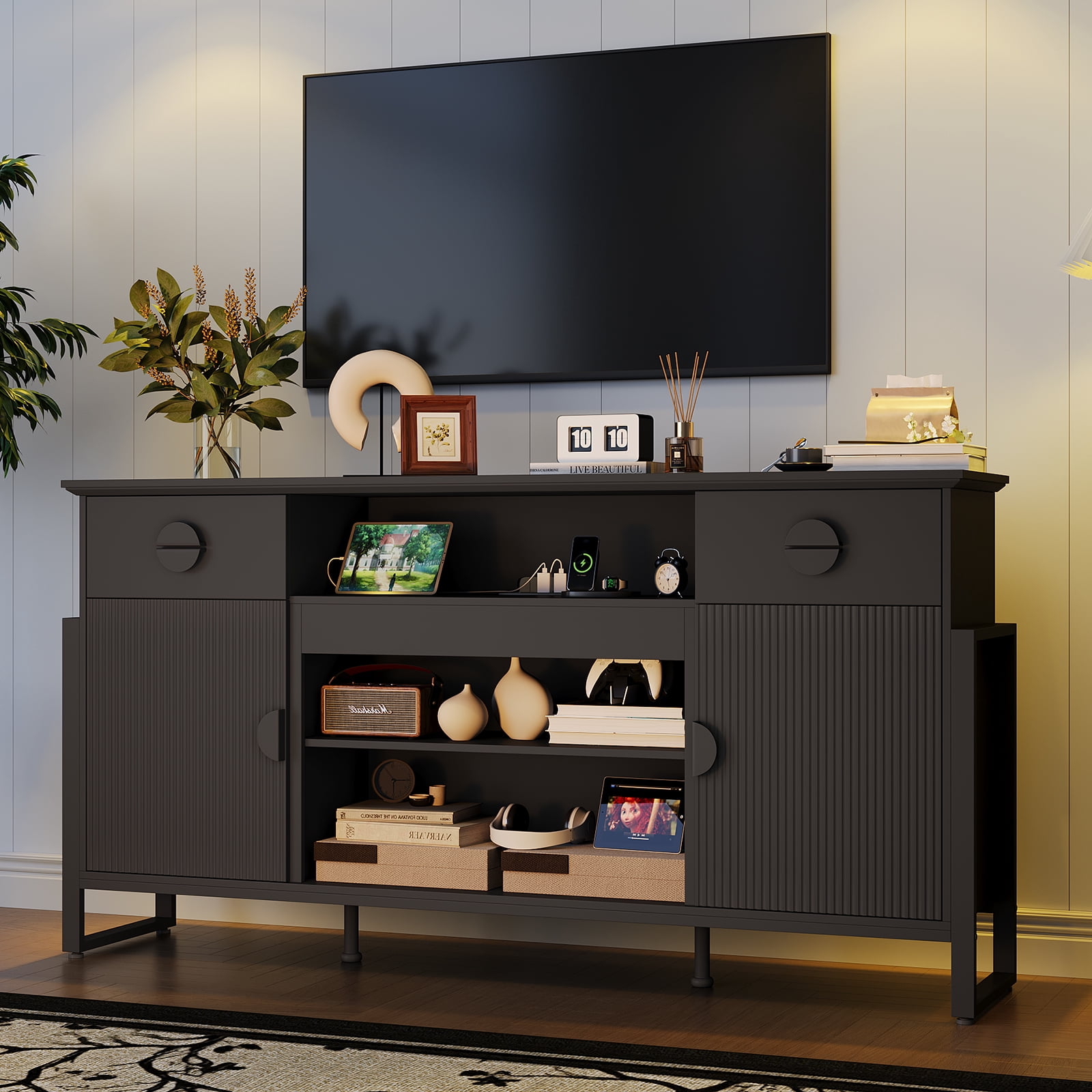 Holliwill Fluted 70" TV Stand for TVs up to 80" with Charging Station, Modern Tall Entertainment Center with Drawers for Living Room, Black
