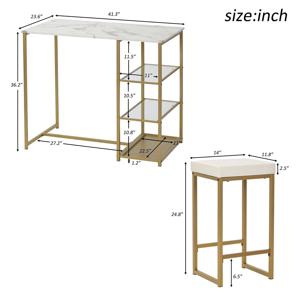 Lowestbest 3 Piece Modern Pub Set with Faux Marble Countertop and Bar Stools, White&Gold Lowestbest 3 Piece Modern Pub Set with Faux Marble Countertop and Bar Stools, White&Gold