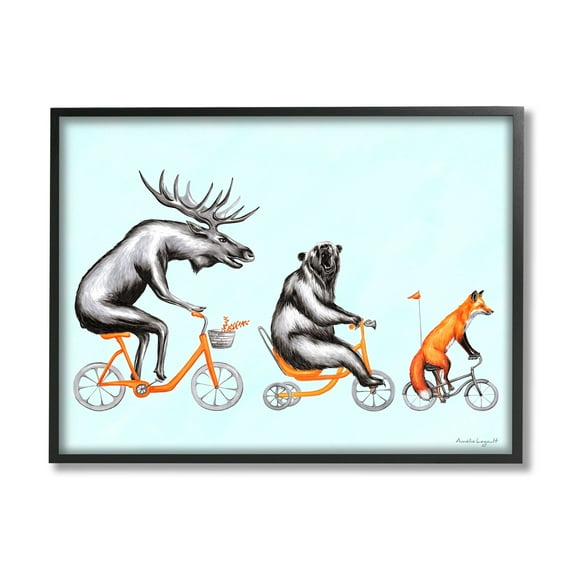 Stupell Industries Wildlife Animals Riding Bikes Moose Bear Fox Graphic Art Black Framed Art Print Wall Art, Design by Amelie Legault