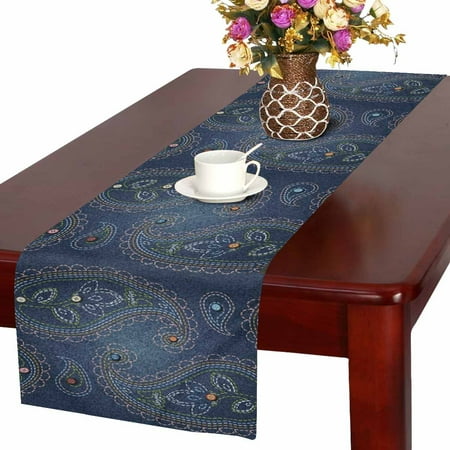 Paisley Table Runner - MKHERT Modern Blue Denim Pattern with Buttons and Paisley Table Runner Home Decor for Home Kitchen Dining Wedding Party 16x72 Inch