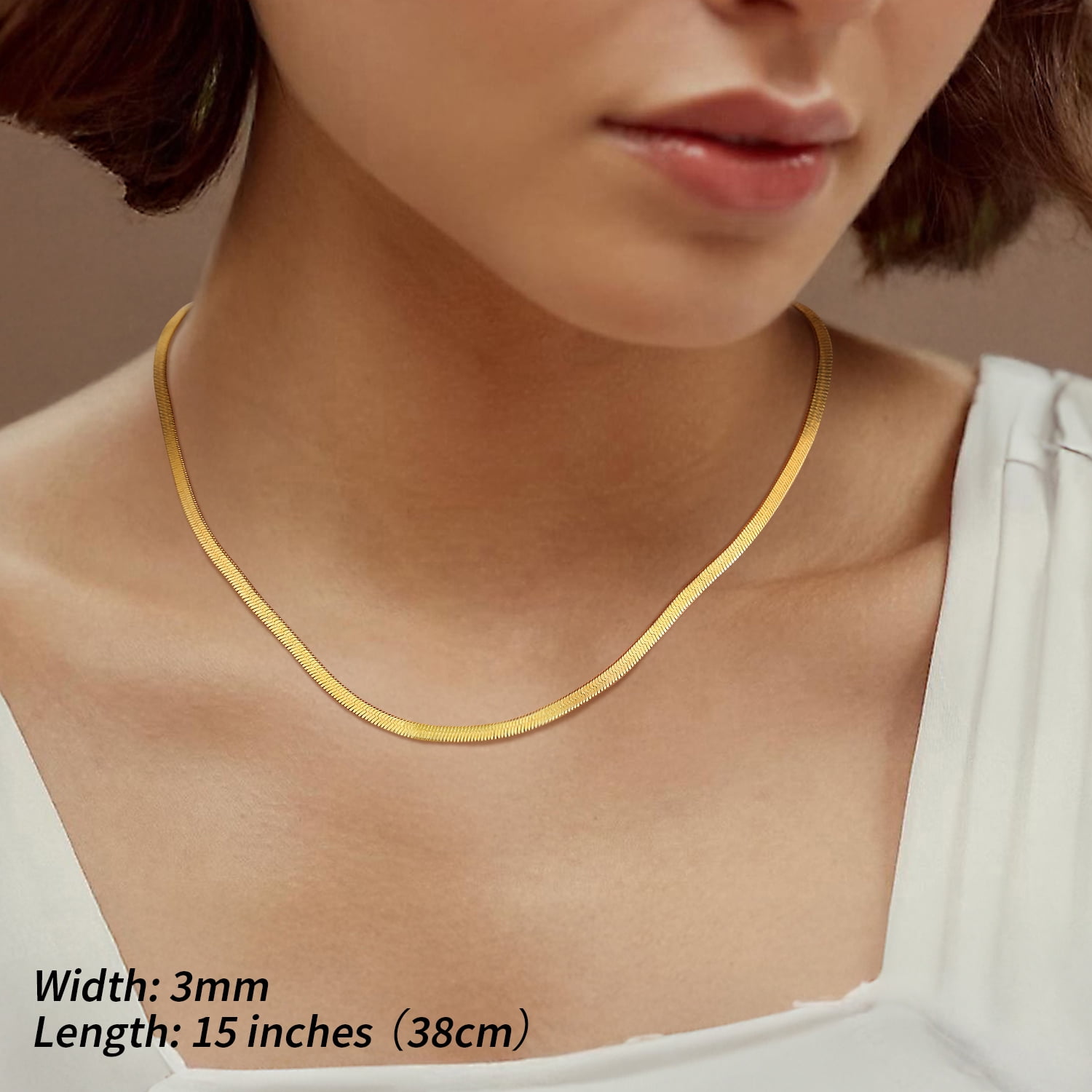 FindChic 2pcs 14K Gold Plated Necklaces for Women Layered Herringbone Choker Snake Chain Birthday Mothers Day Jewelry Gifts Her Mom Wife Lady Female Adults Age Ideas, 3mm & 5mm