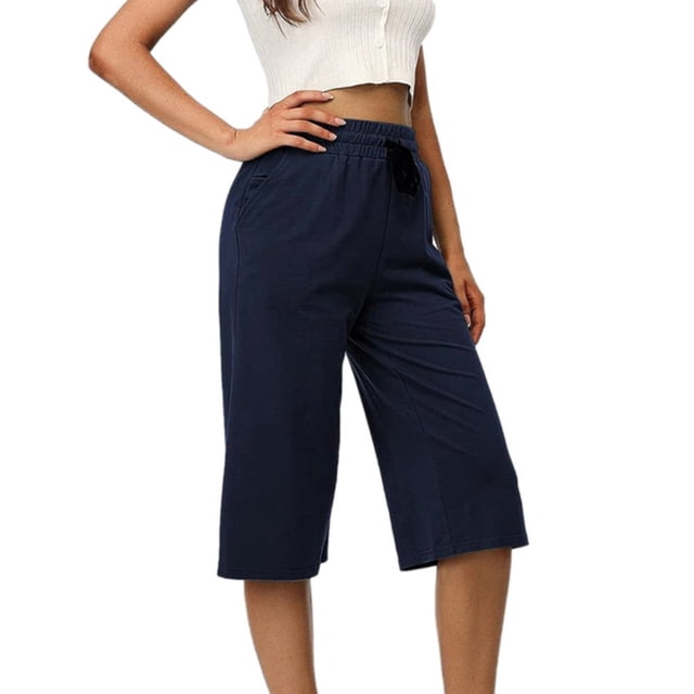 Yoga Pants by Generic Plus Size Solid Capris with Drawstring and Pockets, Black