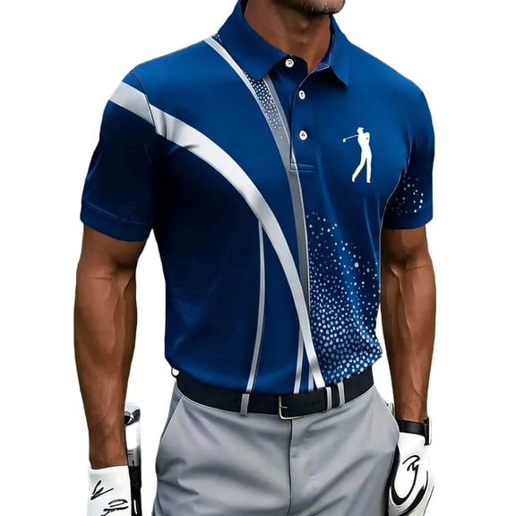 LPZOOGU Men's Golf Performance Polo Shirt Golfer Silhouette & Geometric Print Short Sleeve Athletic Golf Top