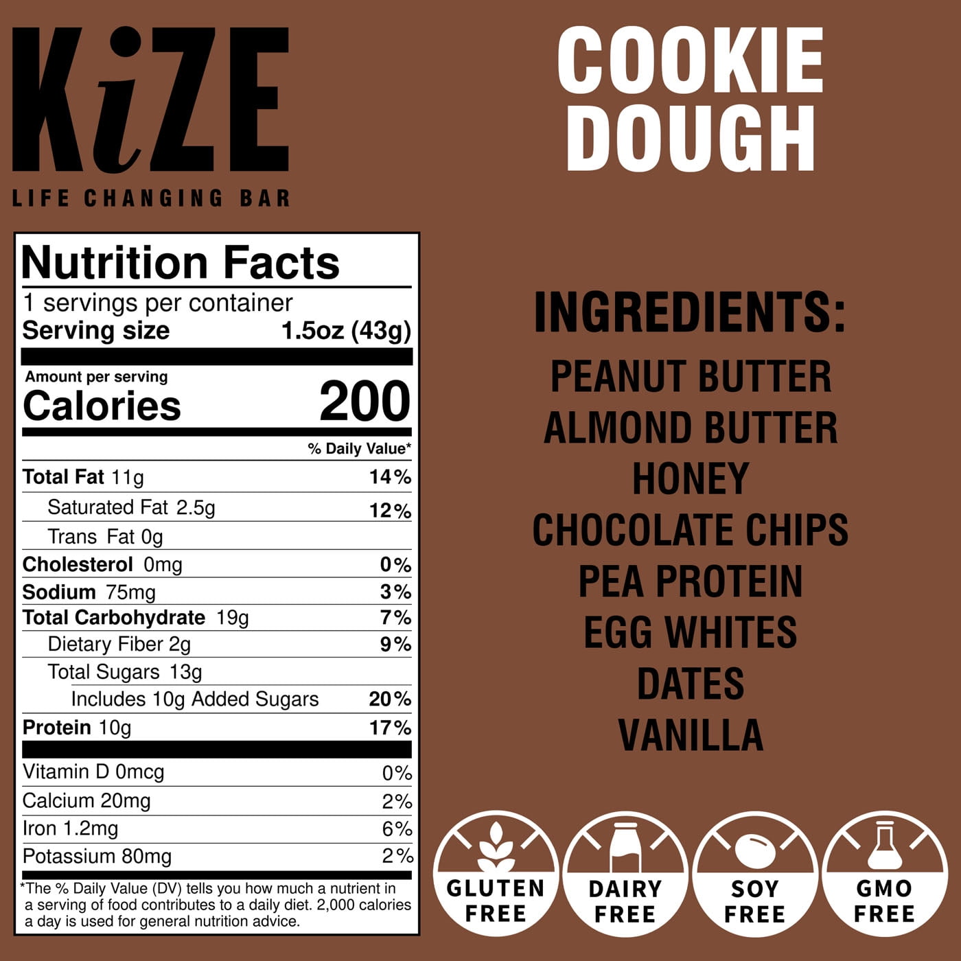 KiZE Life Changing Bar, Cookie Dough, Protein Bar, 8 ingredients, Dairy Free, 1.5oz Bar (10pk)
