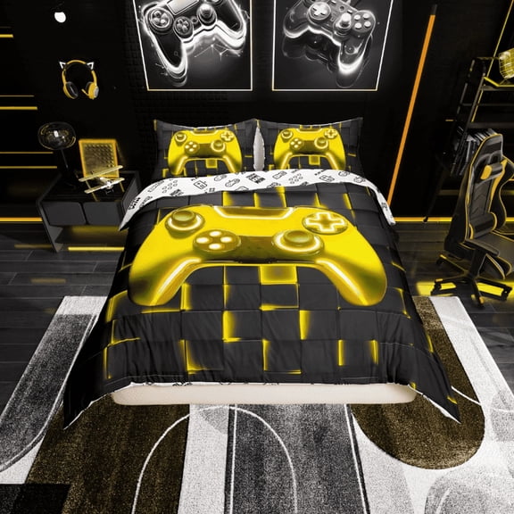 Erosebridal Gold Gamepad Duvet Cover Twin, Neon Light Geometric Square Bedding Sets Twin Size, Gaming Bedroom Decor, Reversible 2-Piece (No Comforter)